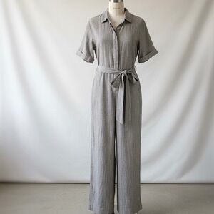 Z Supply Linen Blend Wide Leg Grey White Pinstripe Jumpsuit Belted Size Medium